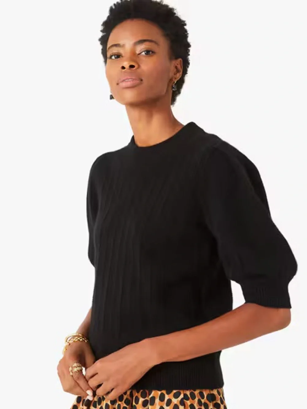 Kate Spade 100% Cashmere Knit Pullover Puff Short Sleeve Sweater Black Large